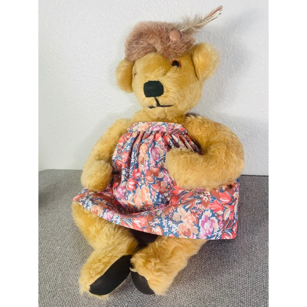 Vintage Teddy Bear Plush Floral Dress Bonnet Tan Cottagecore Stuffed Animal Doll